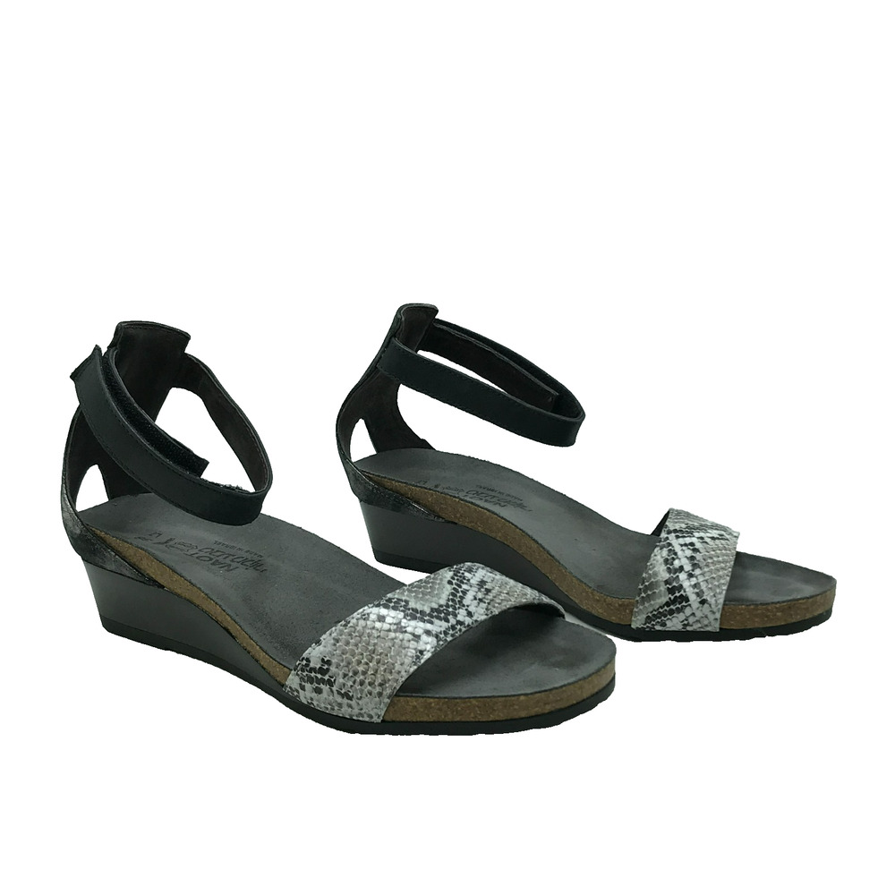 Naot Pixie Wedge Sandal Women's 38 (7) Black Cobra Snake Print Cork Footbed